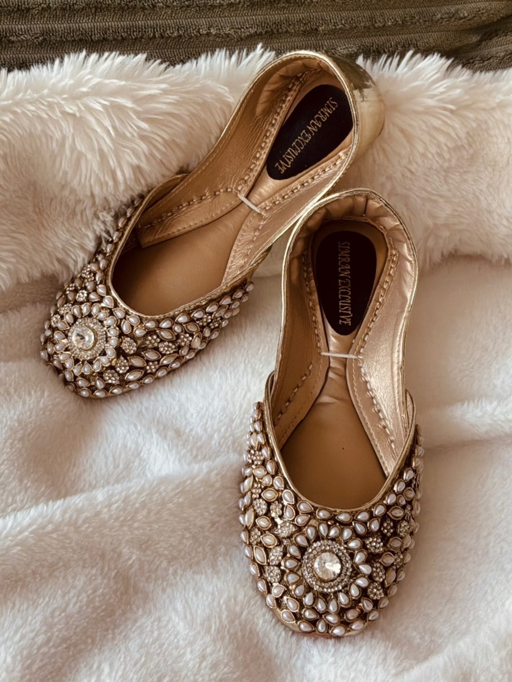 Simranpreet Exclusive Gold Kundan Pearl Bridal Khussa Jutti Shoes - Size 8